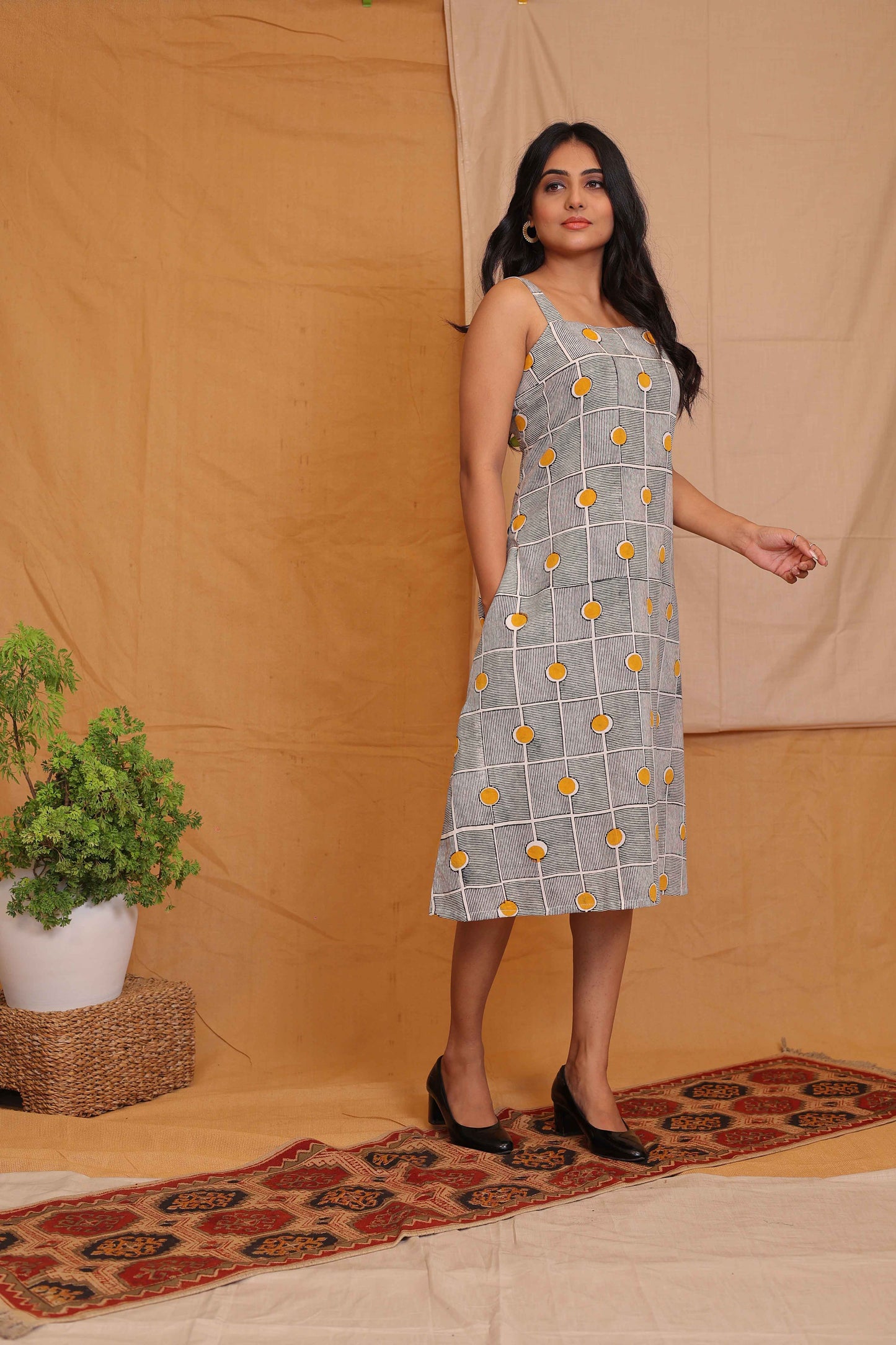 Yellow Dot Grid Cotton A-Line Midi Dress