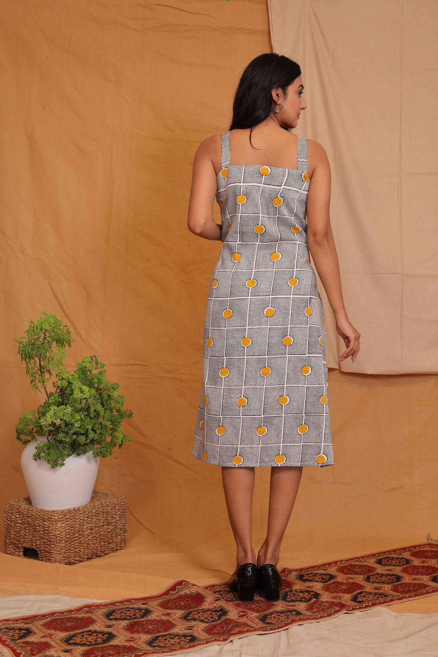 Yellow Dot Grid Cotton A-Line Midi Dress