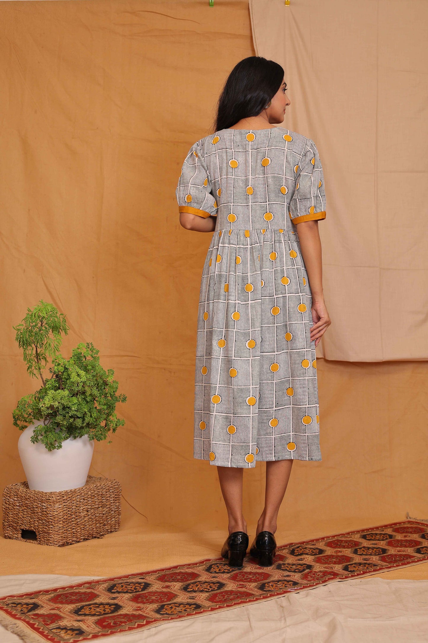 MARY'S HANDBLOCKPRINTED WHITE AND BLACK BOW DRESS