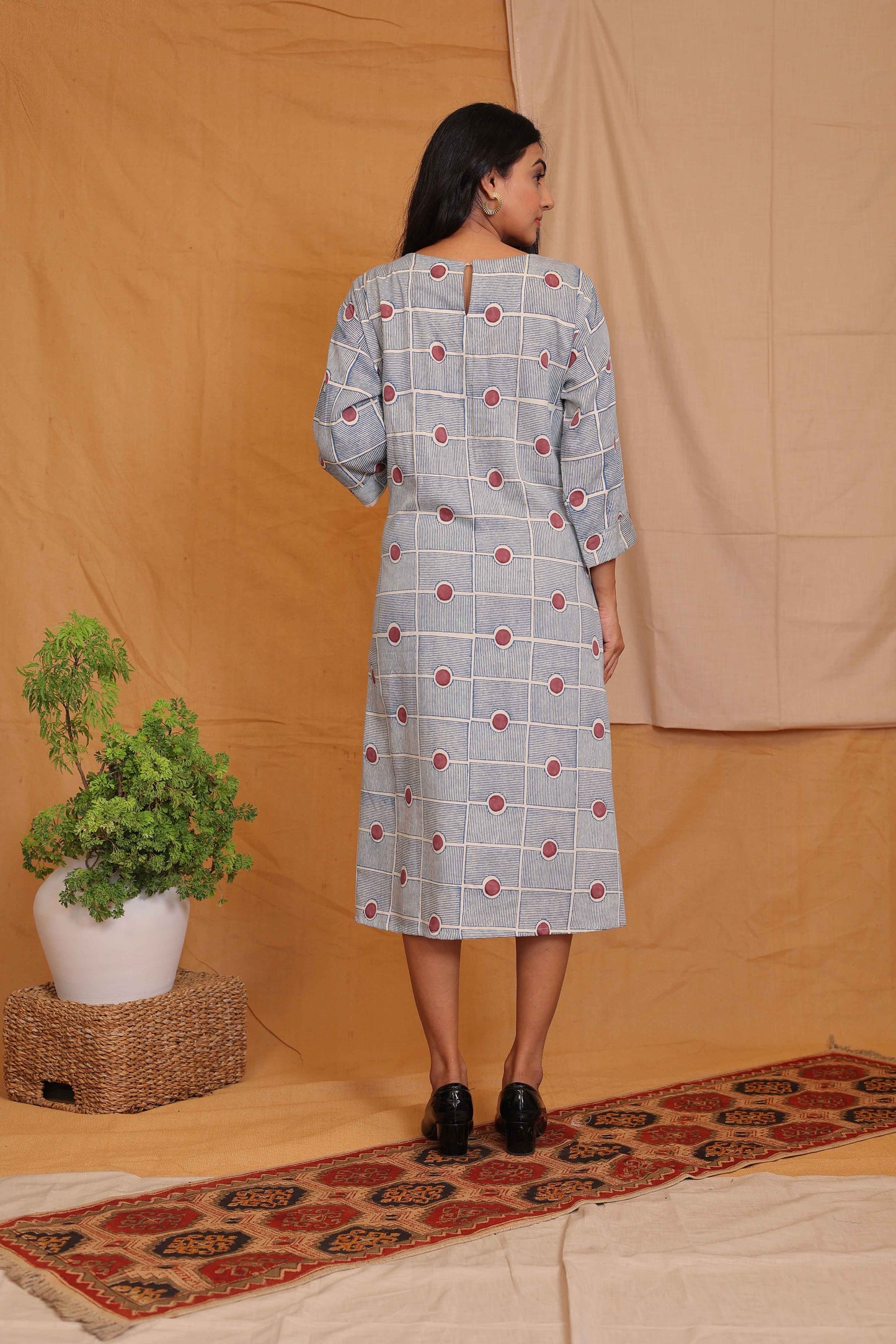 LILY'S OFF WHITE BLUE HANDBLOCKPRINTED DRESS WITH MAROON DOT