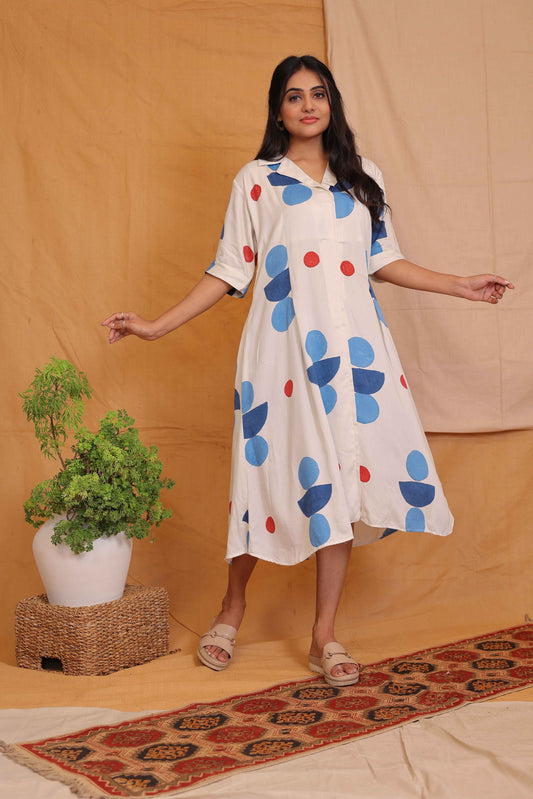 EMILY'S SIGNATURE HANDBLOCKPRINTED OFFWHITE BLUE COLLAR DRESS