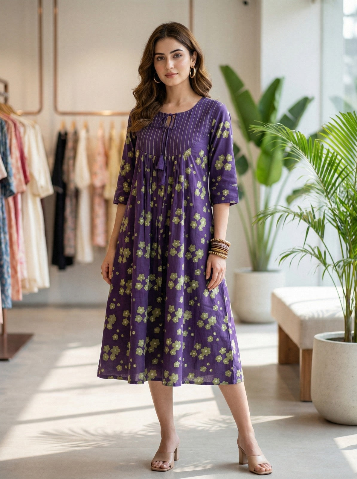 VIOLET BLOCKPRINTED SIGNATURE PRINT DRESS