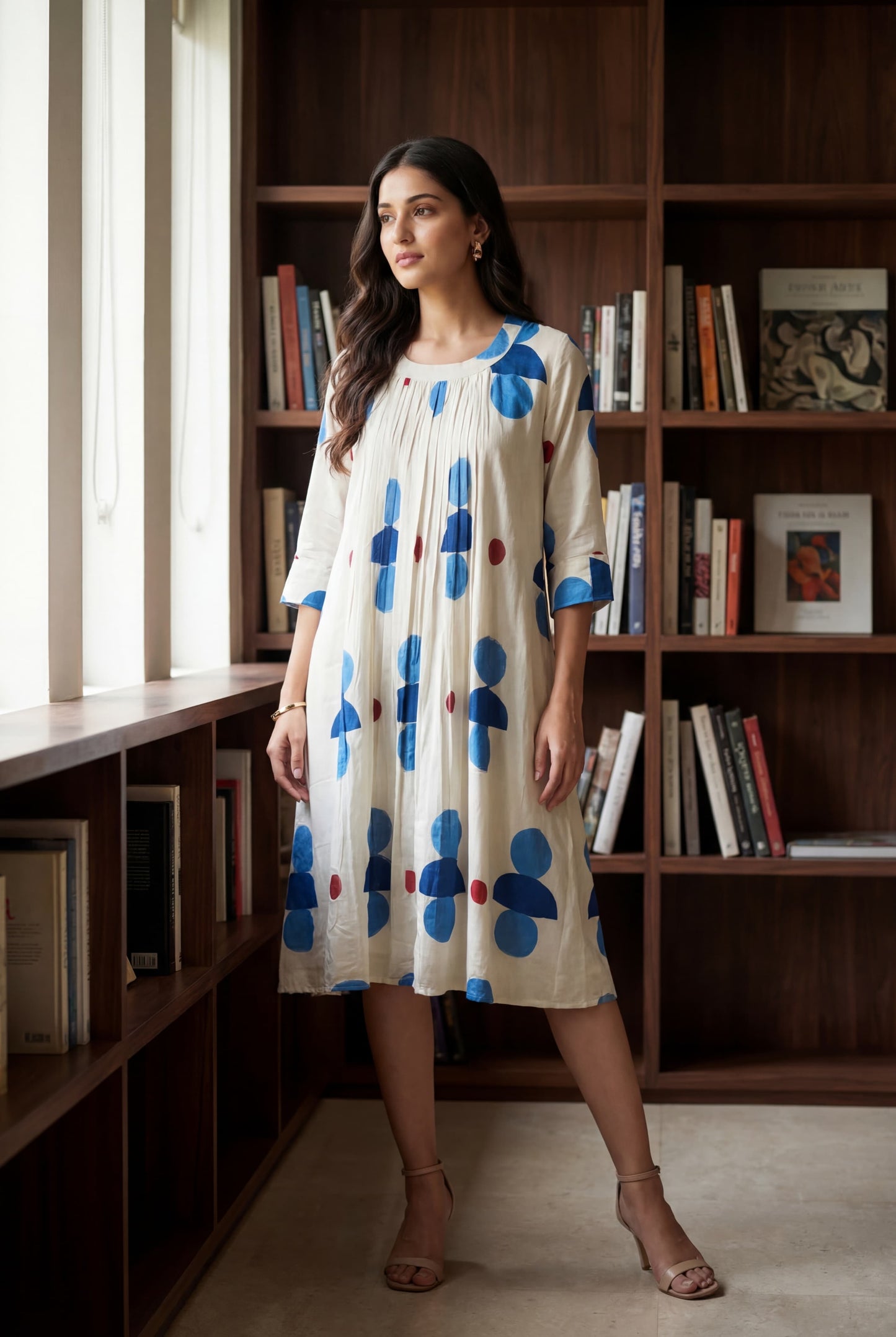 OFF WHITE BLUE GEOMETRIC SIGNATURE PRINT DRESS