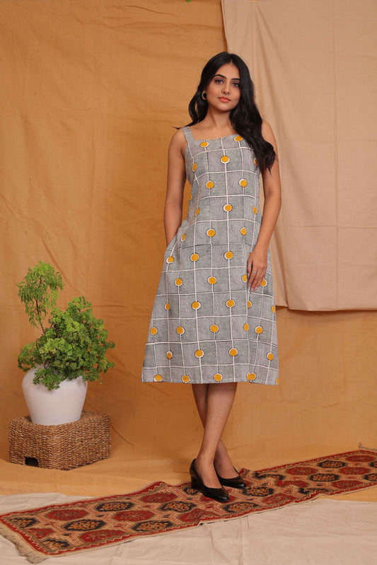 Yellow Dot Grid Cotton A-Line Midi Dress