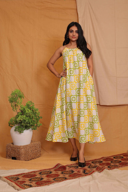 RACHEL'S OFFWHITE  YELLOW AND GREEN HANDBLOCKPRINTED DRESS