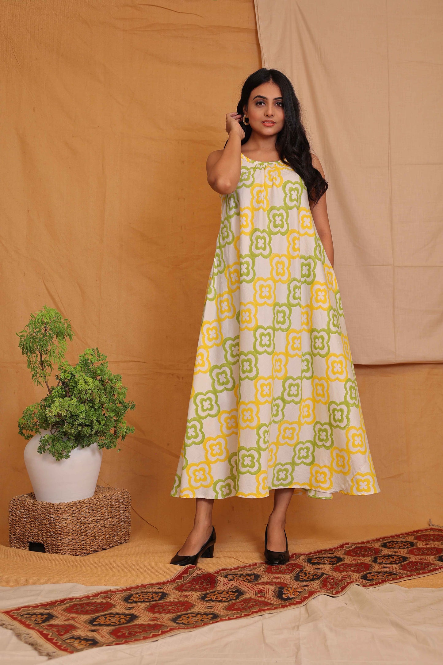 RACHEL'S OFFWHITE  YELLOW AND GREEN HANDBLOCKPRINTED DRESS