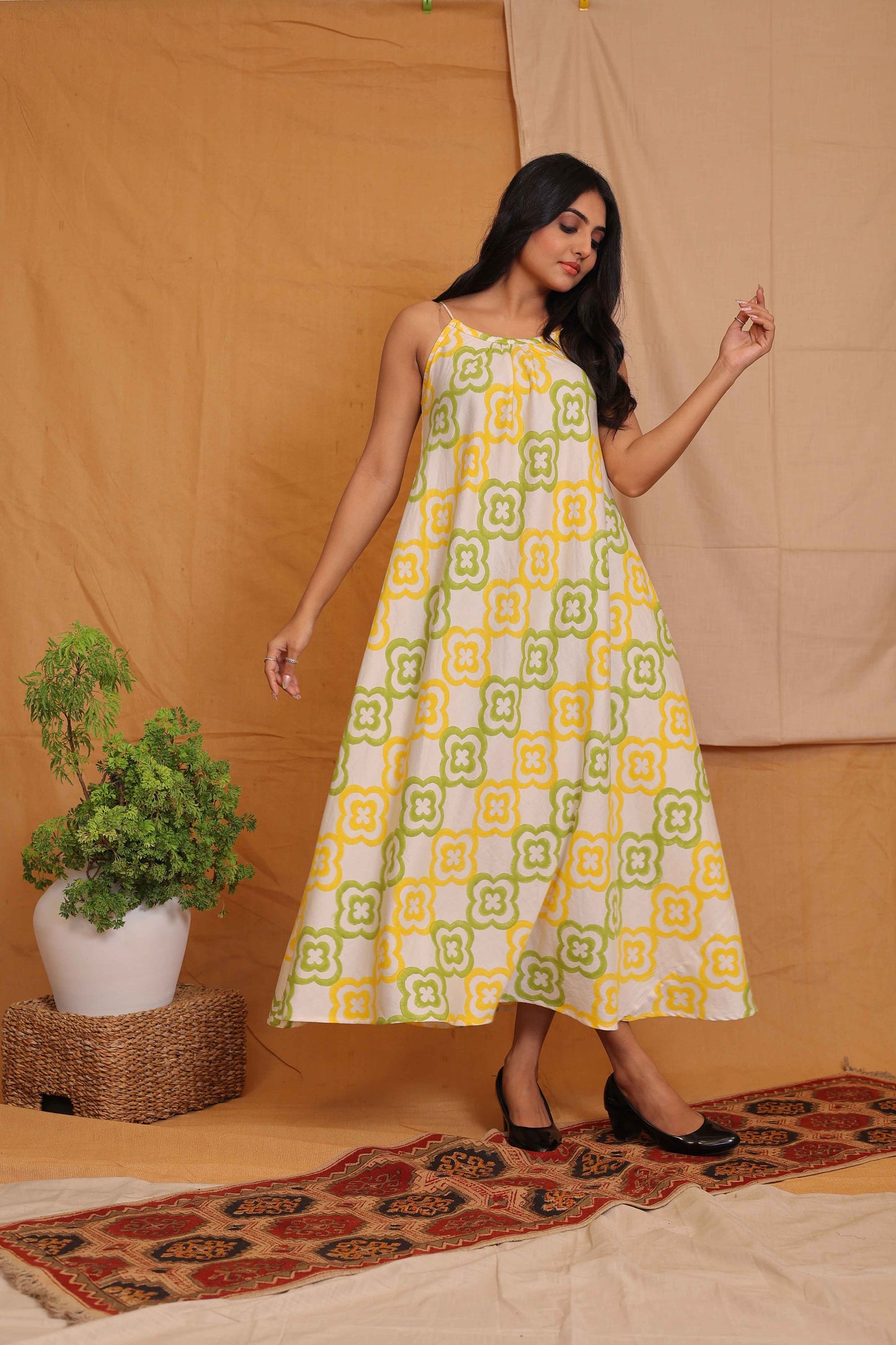 RACHEL'S OFFWHITE  YELLOW AND GREEN HANDBLOCKPRINTED DRESS