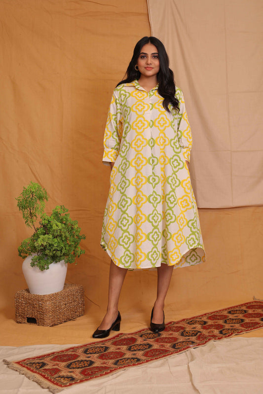 JASMINE'S OFFWHITE YELLOW GREEN HANDBLOCKPRINTED COLLAR DRESS