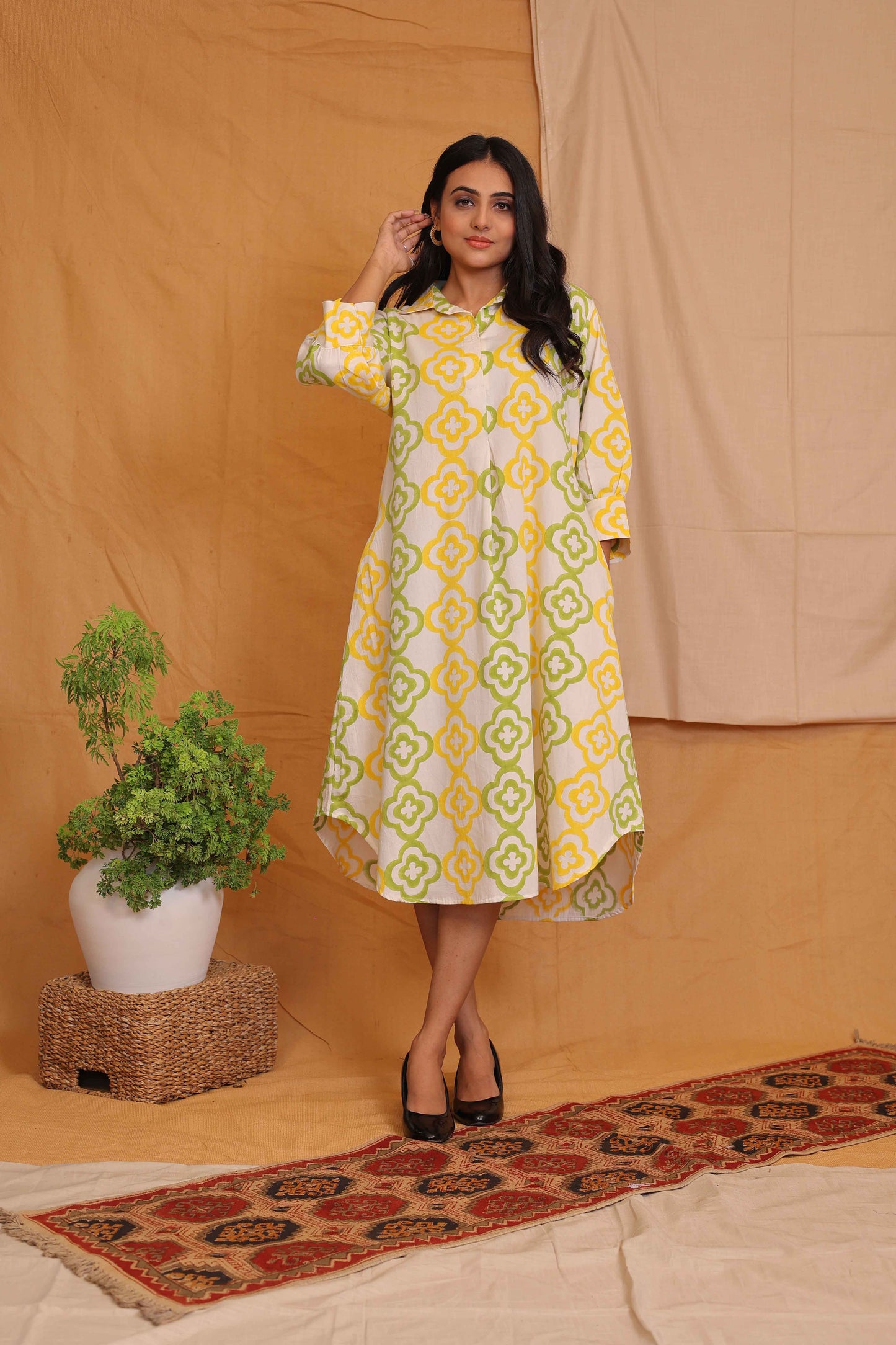 JASMINE'S OFFWHITE YELLOW GREEN HANDBLOCKPRINTED COLLAR DRESS
