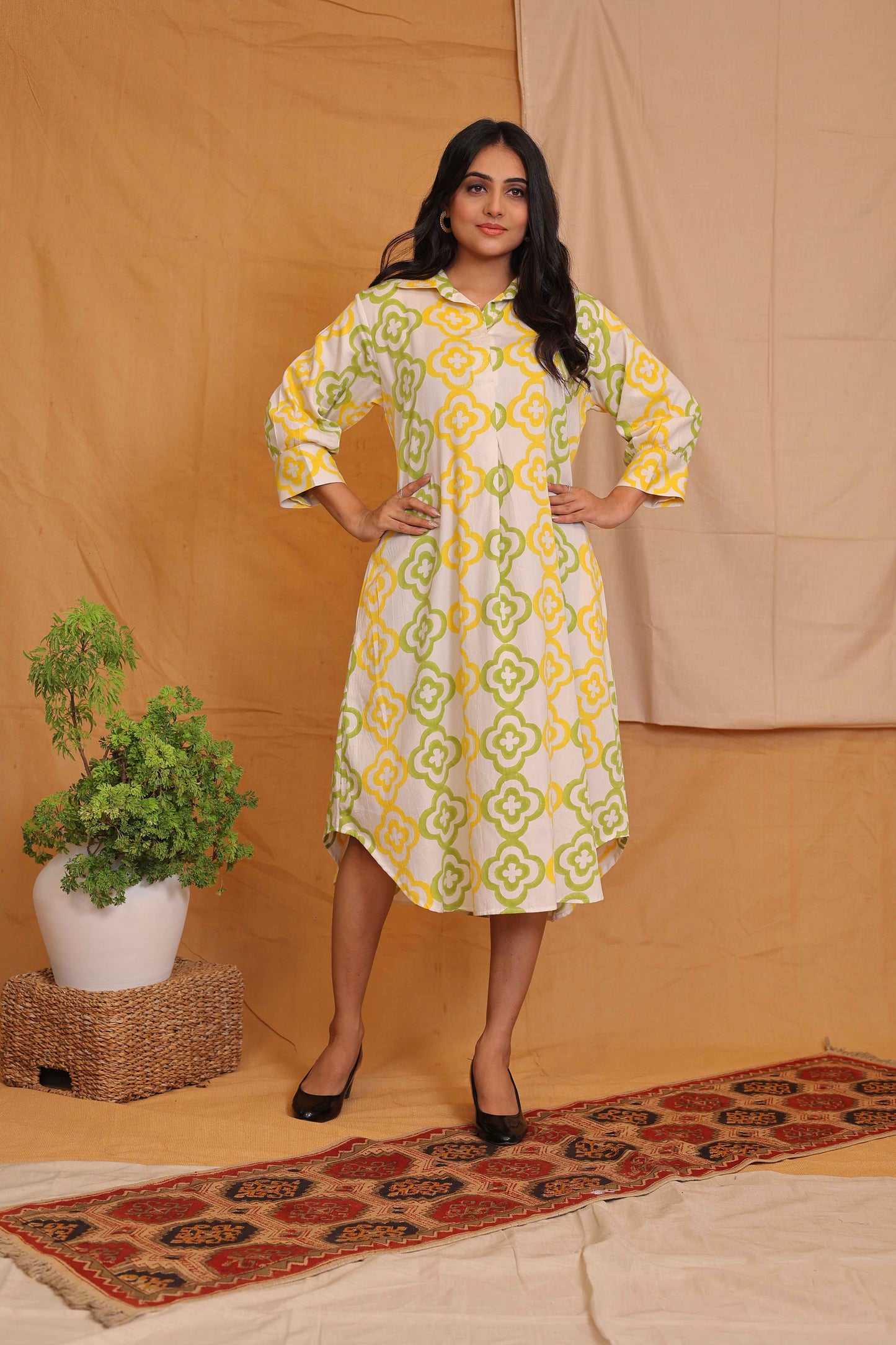 JASMINE'S OFFWHITE YELLOW GREEN HANDBLOCKPRINTED COLLAR DRESS