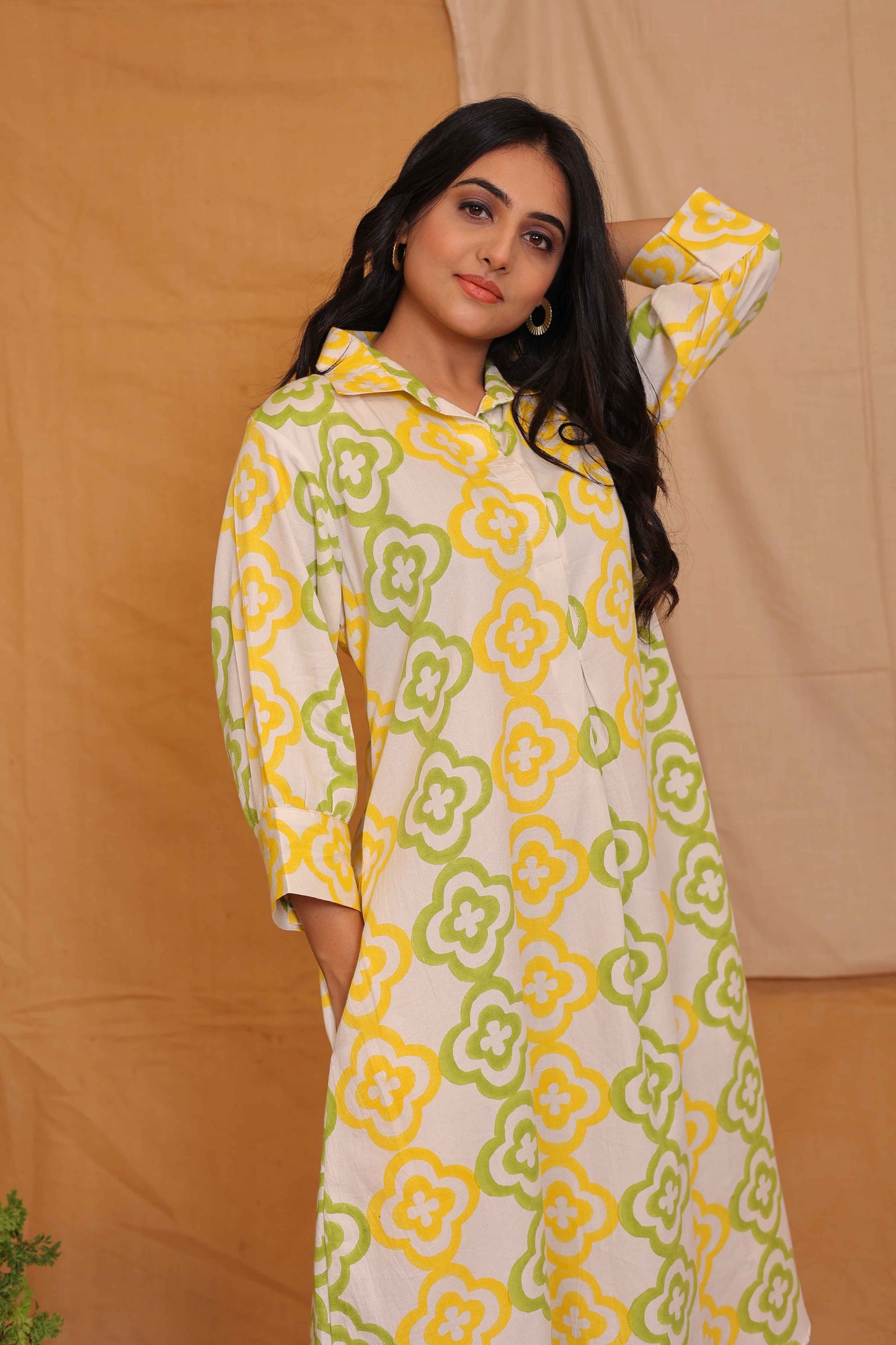 JASMINE'S OFFWHITE YELLOW GREEN HANDBLOCKPRINTED COLLAR DRESS