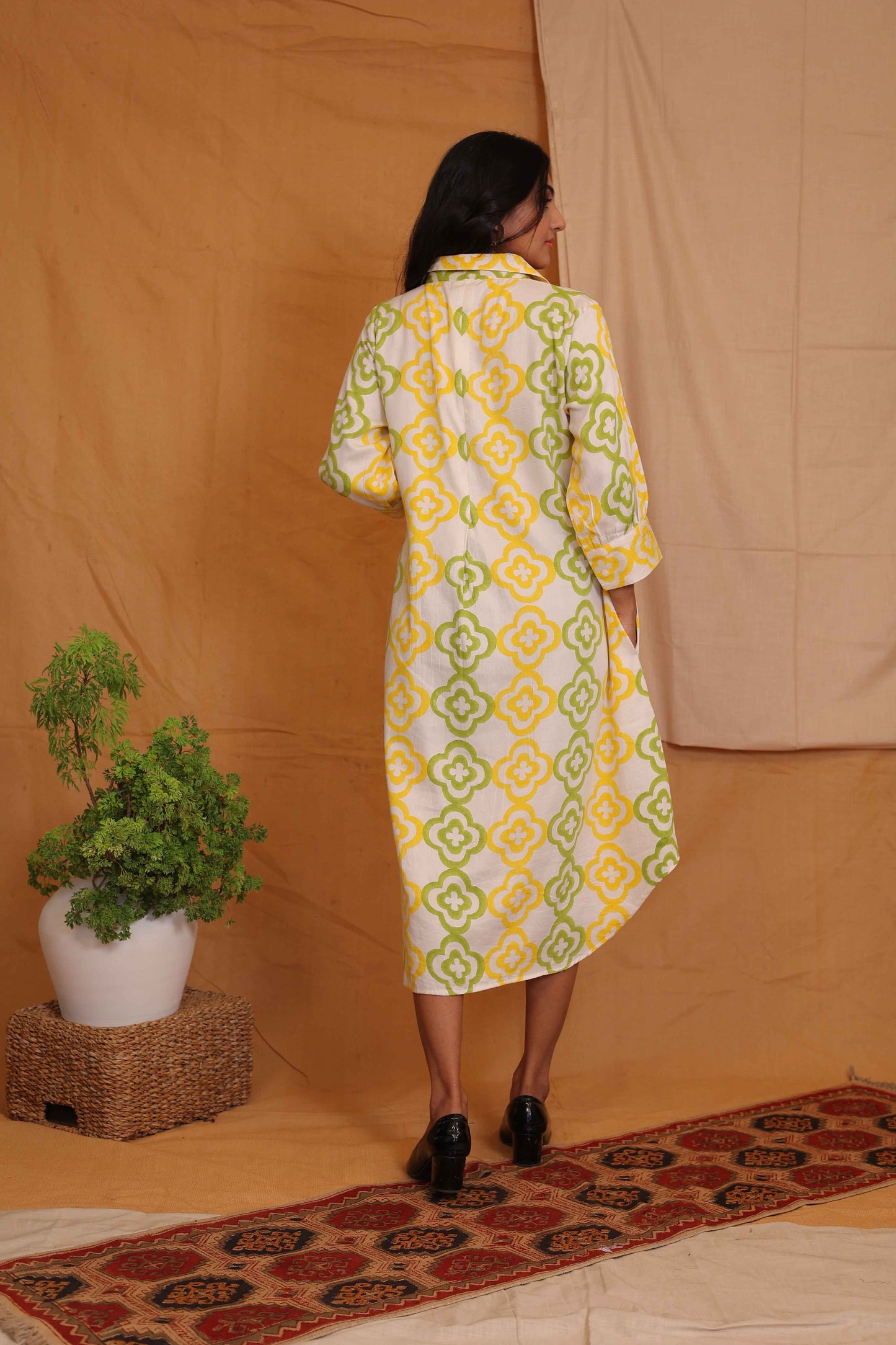 JASMINE'S OFFWHITE YELLOW GREEN HANDBLOCKPRINTED COLLAR DRESS