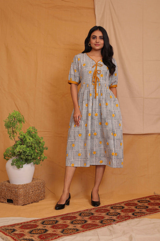 MARY'S HANDBLOCKPRINTED WHITE AND BLACK BOW DRESS