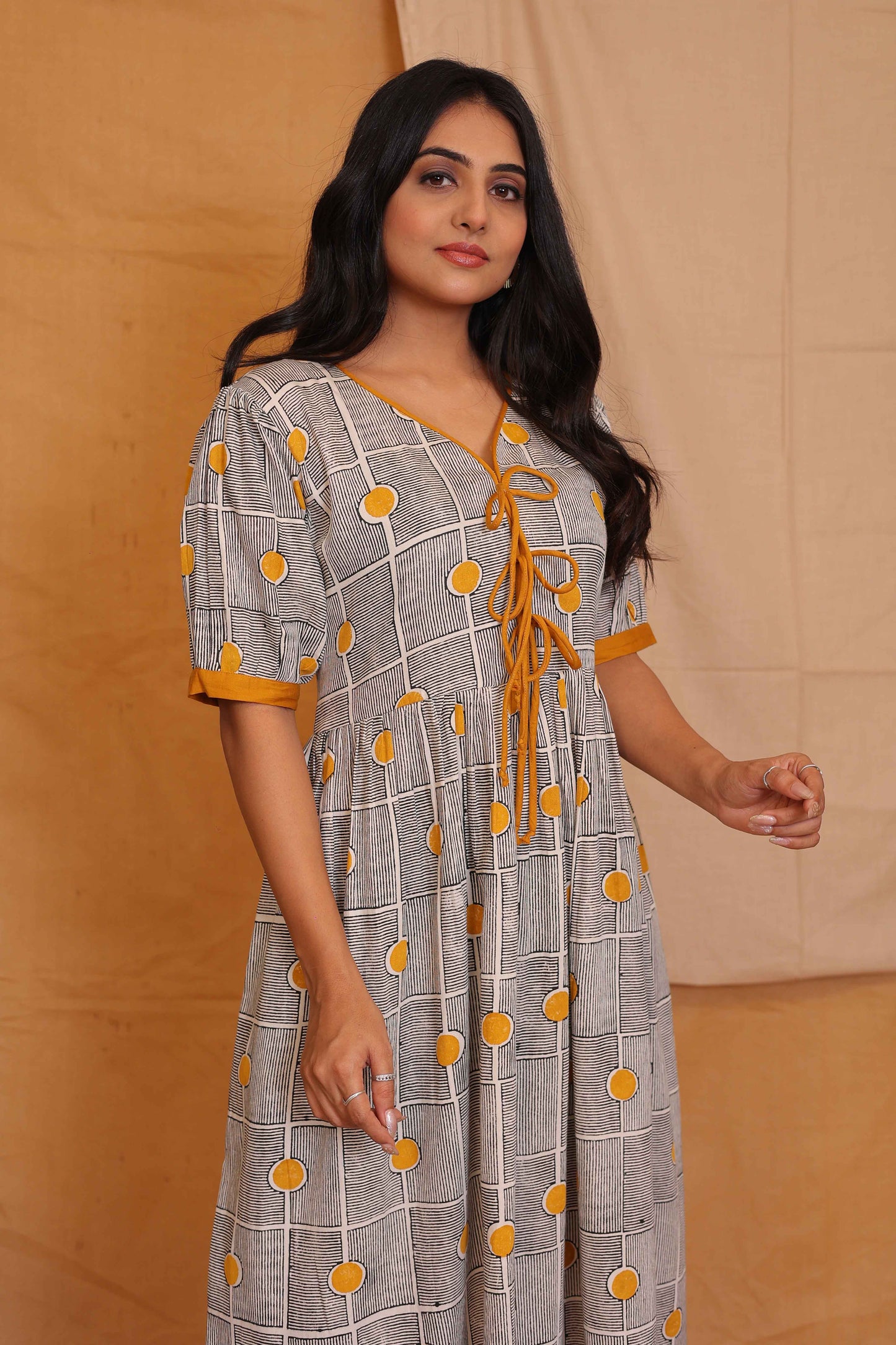 MARY'S HANDBLOCKPRINTED WHITE AND BLACK BOW DRESS
