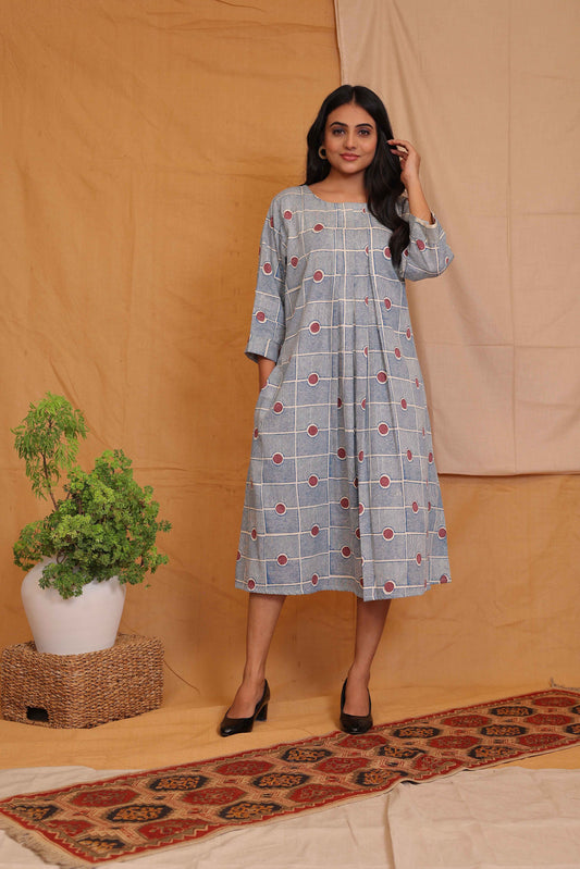 LILY'S OFF WHITE BLUE HANDBLOCKPRINTED DRESS WITH MAROON DOT