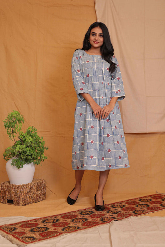 LILY'S OFF WHITE BLUE HANDBLOCKPRINTED DRESS WITH MAROON DOT