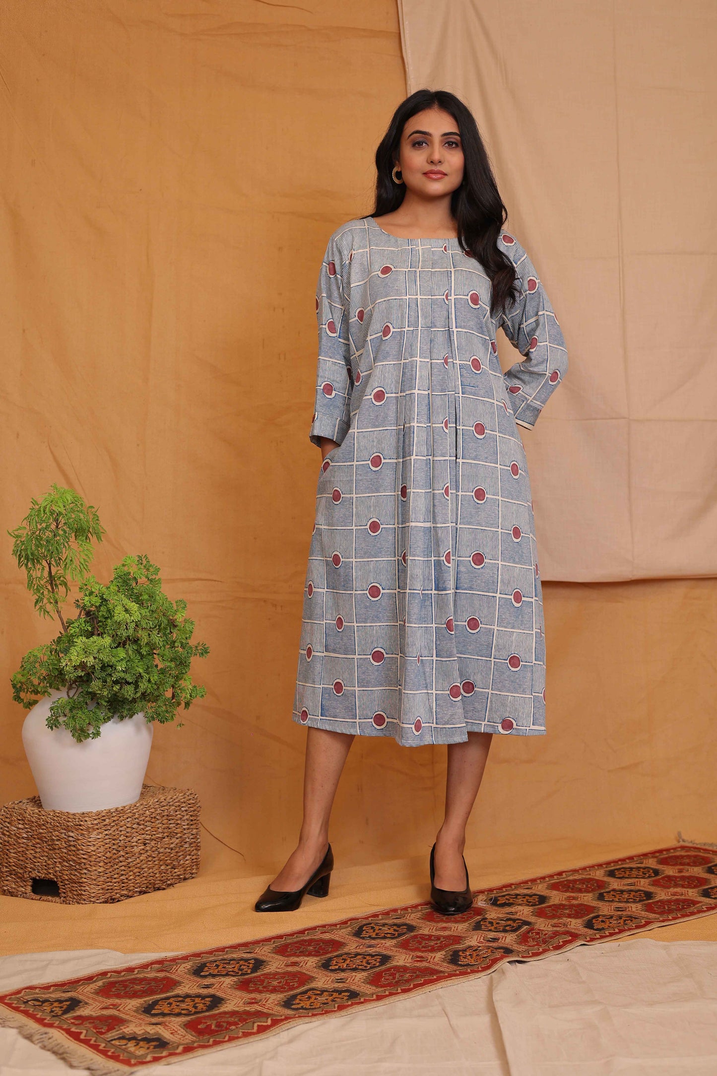 LILY'S OFF WHITE BLUE HANDBLOCKPRINTED DRESS WITH MAROON DOT