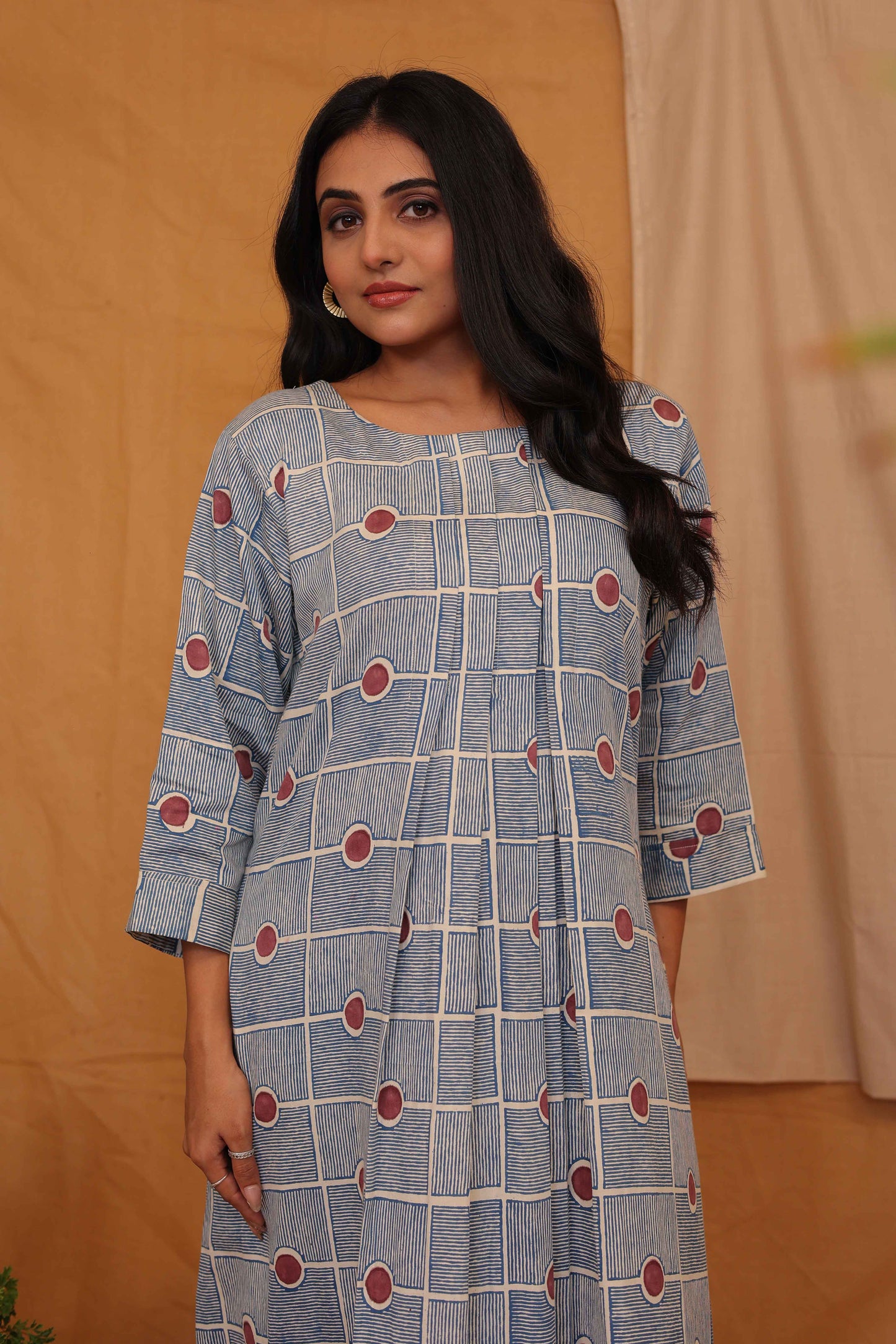 LILY'S OFF WHITE BLUE HANDBLOCKPRINTED DRESS WITH MAROON DOT