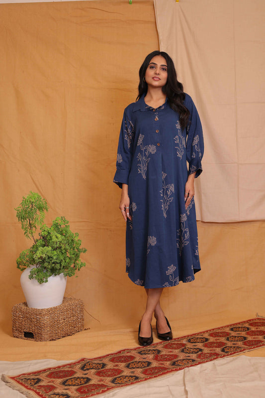AVA'S INDIGO HANDBLOCKPRINTED A LINE DRESS