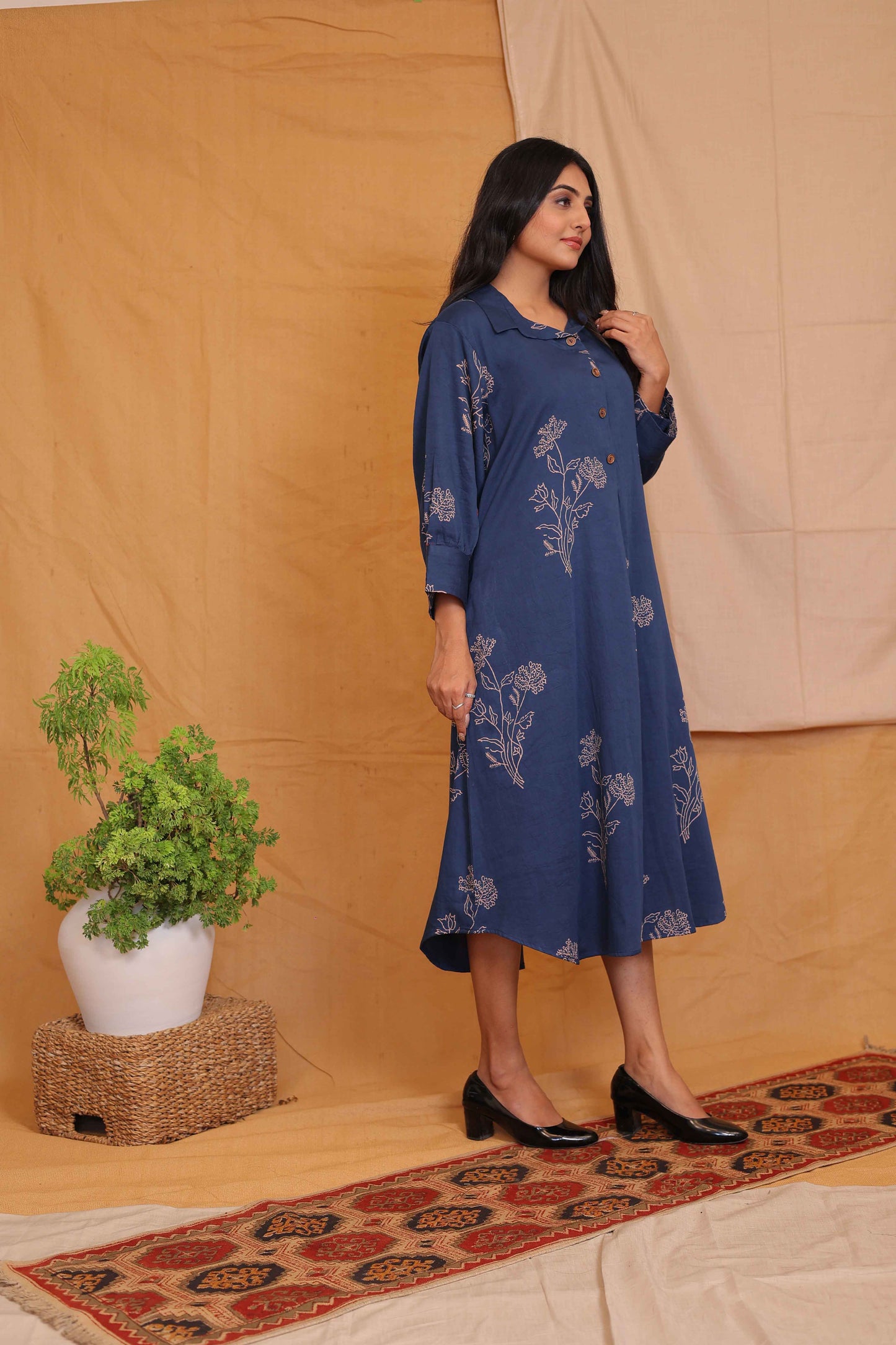 AVA'S INDIGO HANDBLOCKPRINTED A LINE DRESS