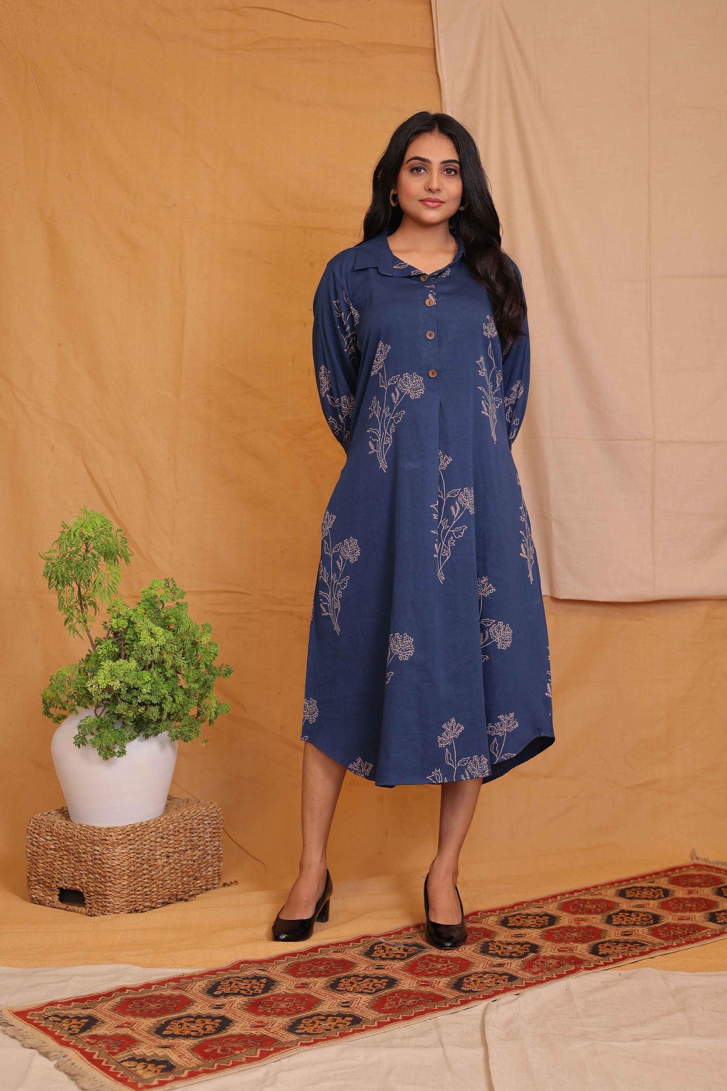 AVA'S INDIGO HANDBLOCKPRINTED A LINE DRESS