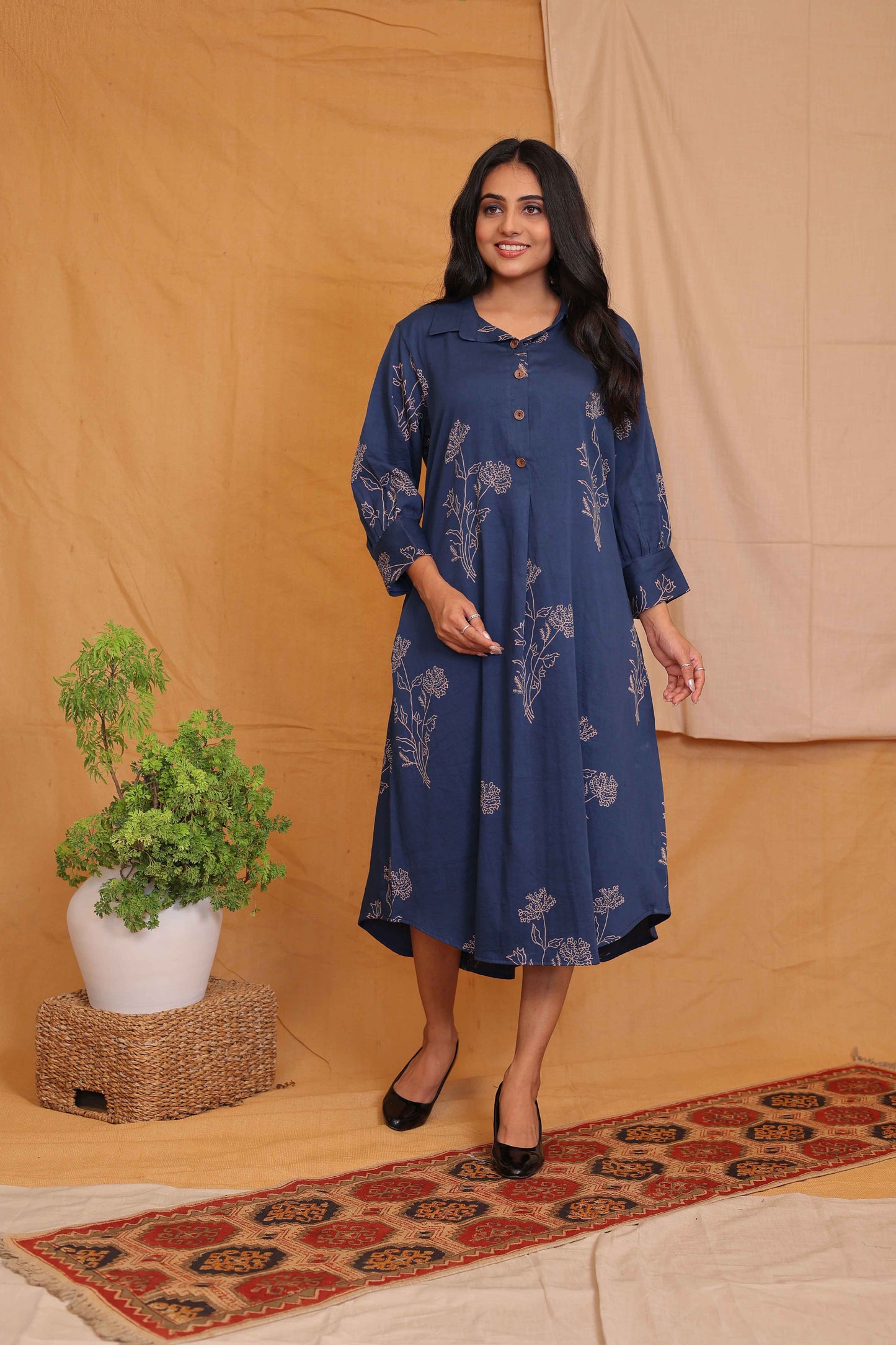 AVA'S INDIGO HANDBLOCKPRINTED A LINE DRESS