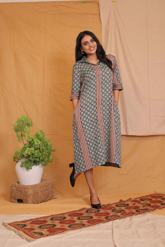 ANU'S OLIVE GREEN HANDBLOCKPRINTED DRESS