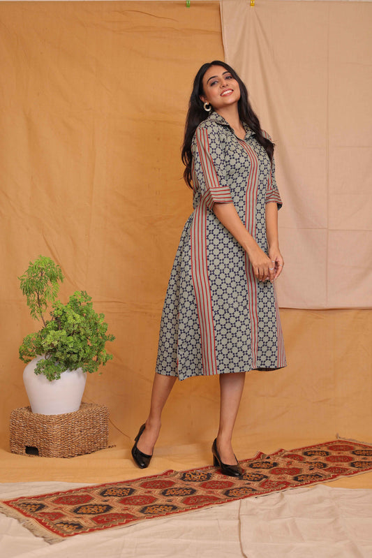 ANU'S OLIVE GREEN HANDBLOCKPRINTED DRESS