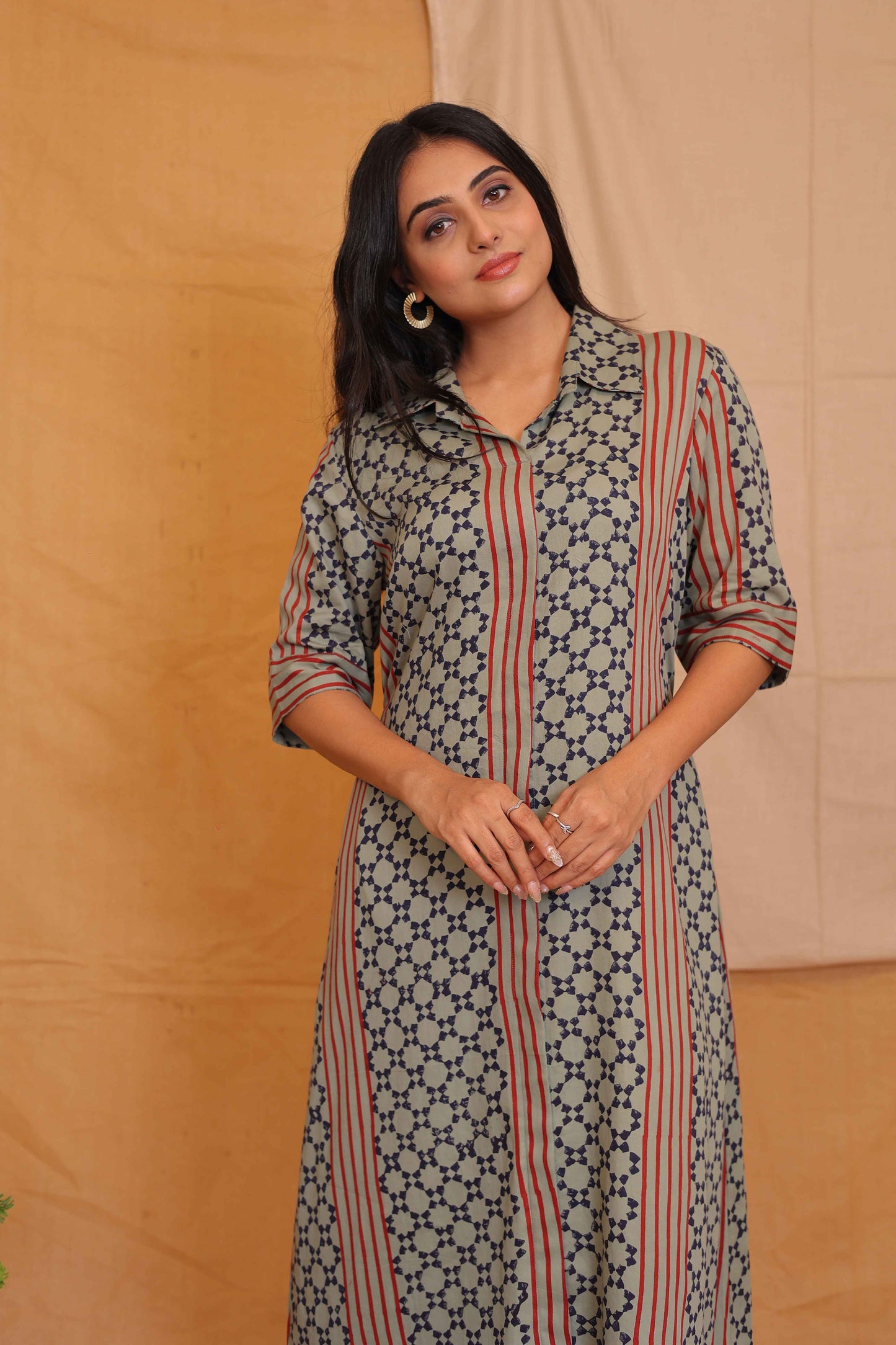 ANU'S OLIVE GREEN HANDBLOCKPRINTED DRESS