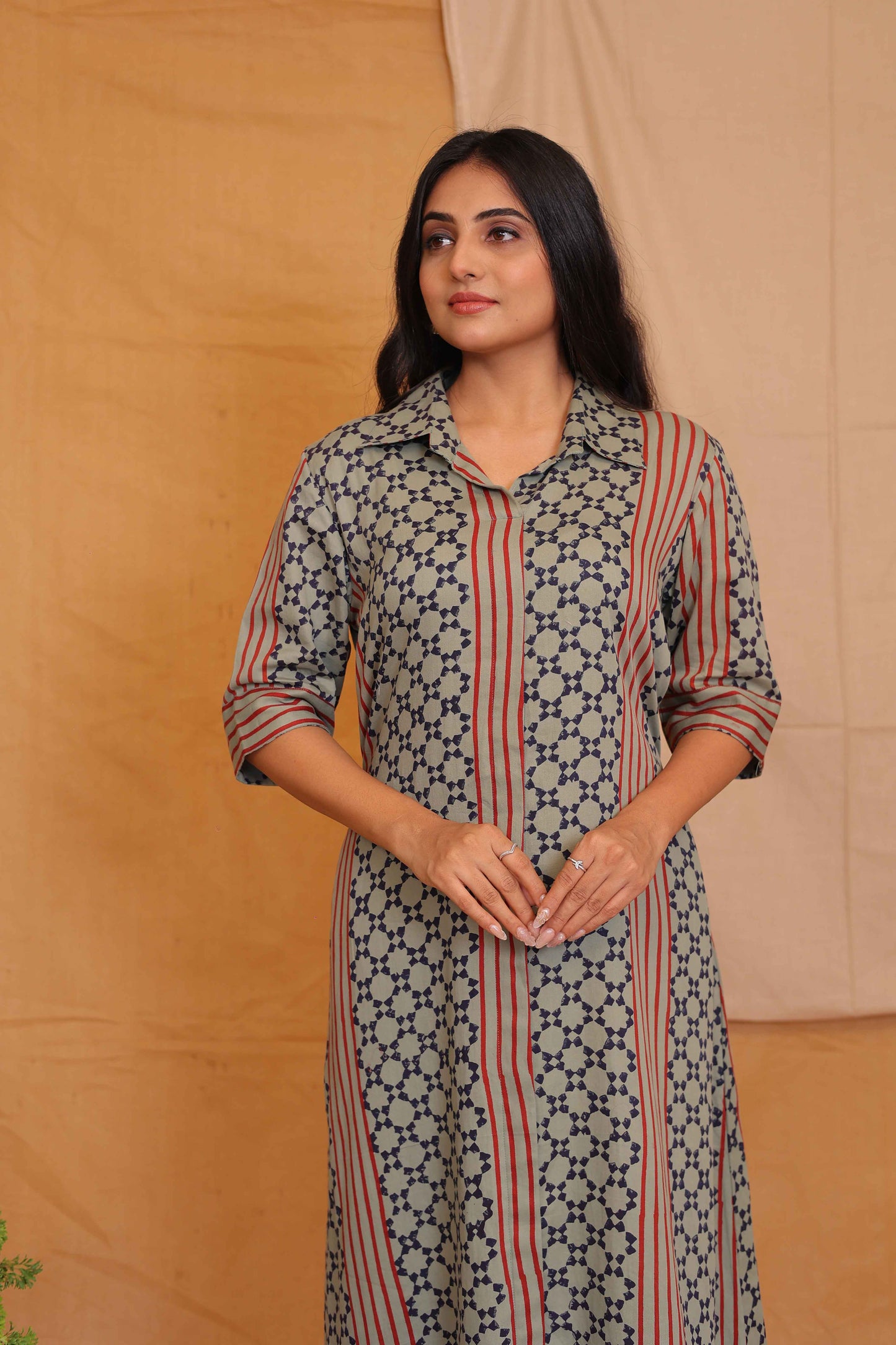 ANU'S OLIVE GREEN HANDBLOCKPRINTED DRESS