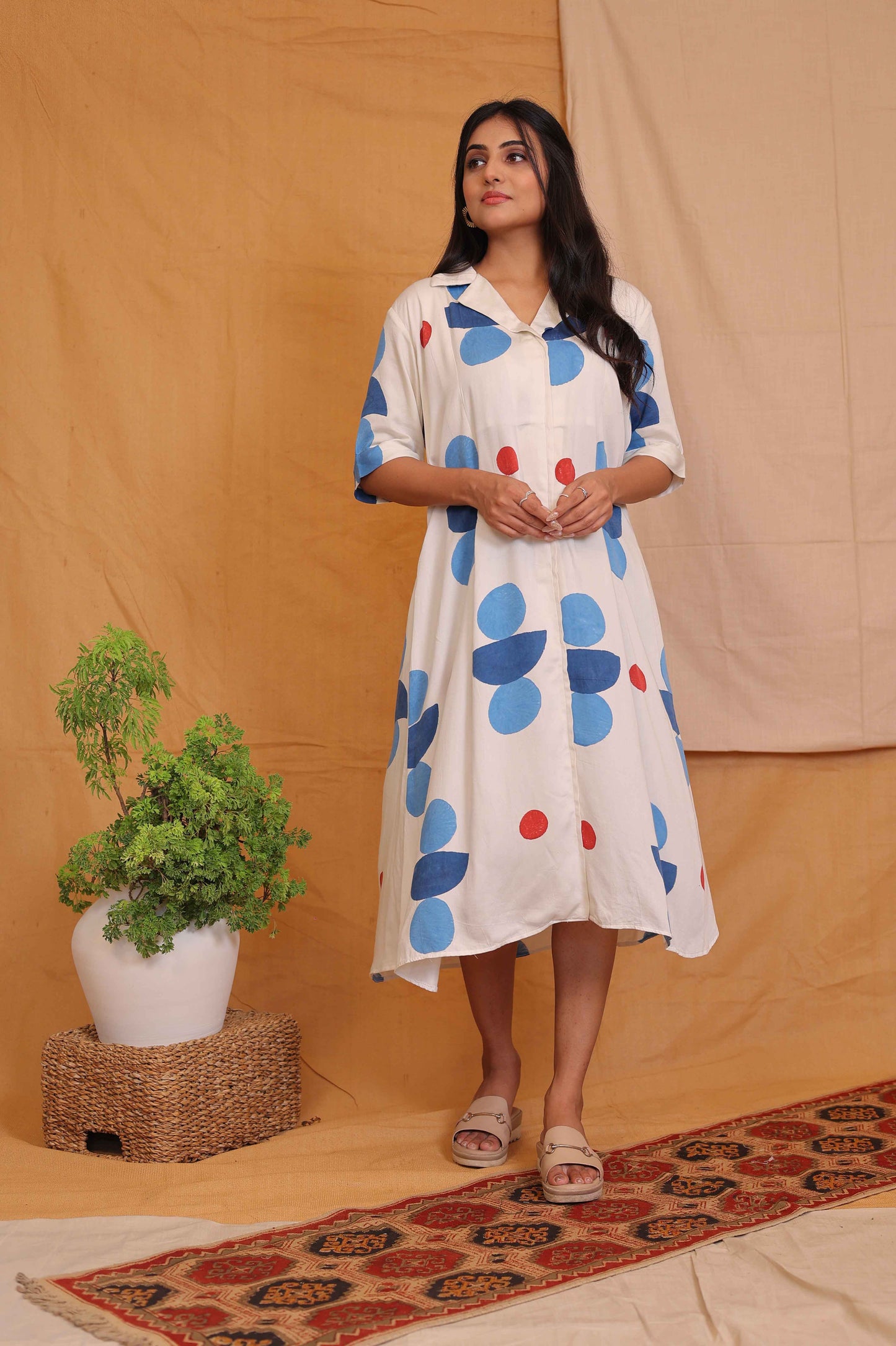 EMILY'S SIGNATURE HANDBLOCKPRINTED OFFWHITE BLUE COLLAR DRESS