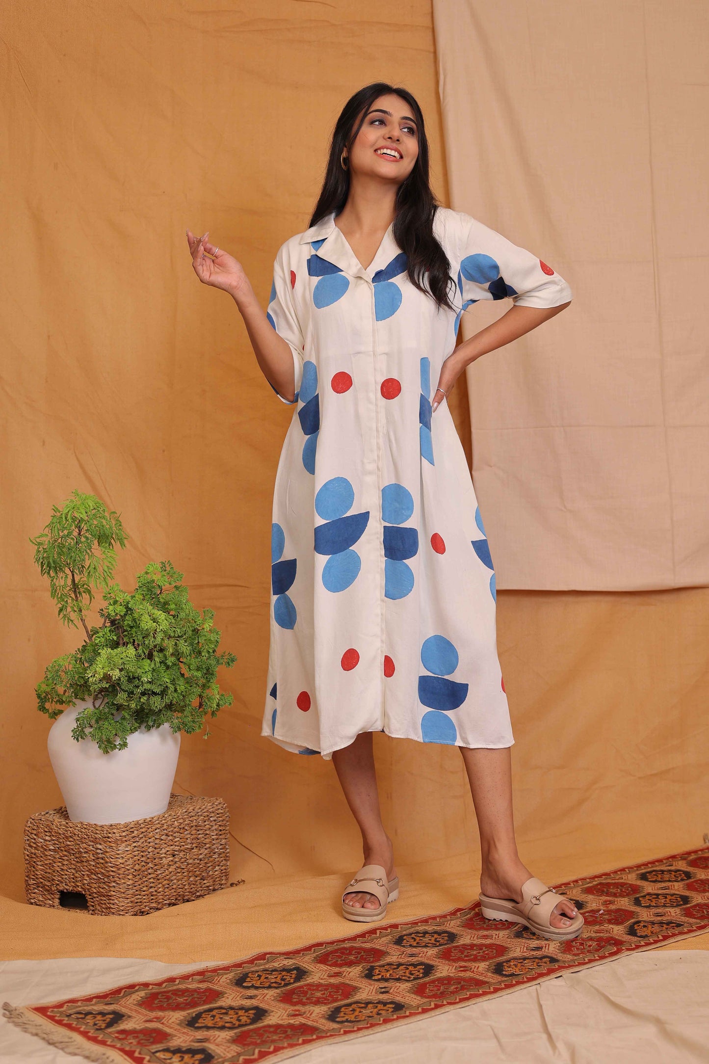 EMILY'S SIGNATURE HANDBLOCKPRINTED OFFWHITE BLUE COLLAR DRESS