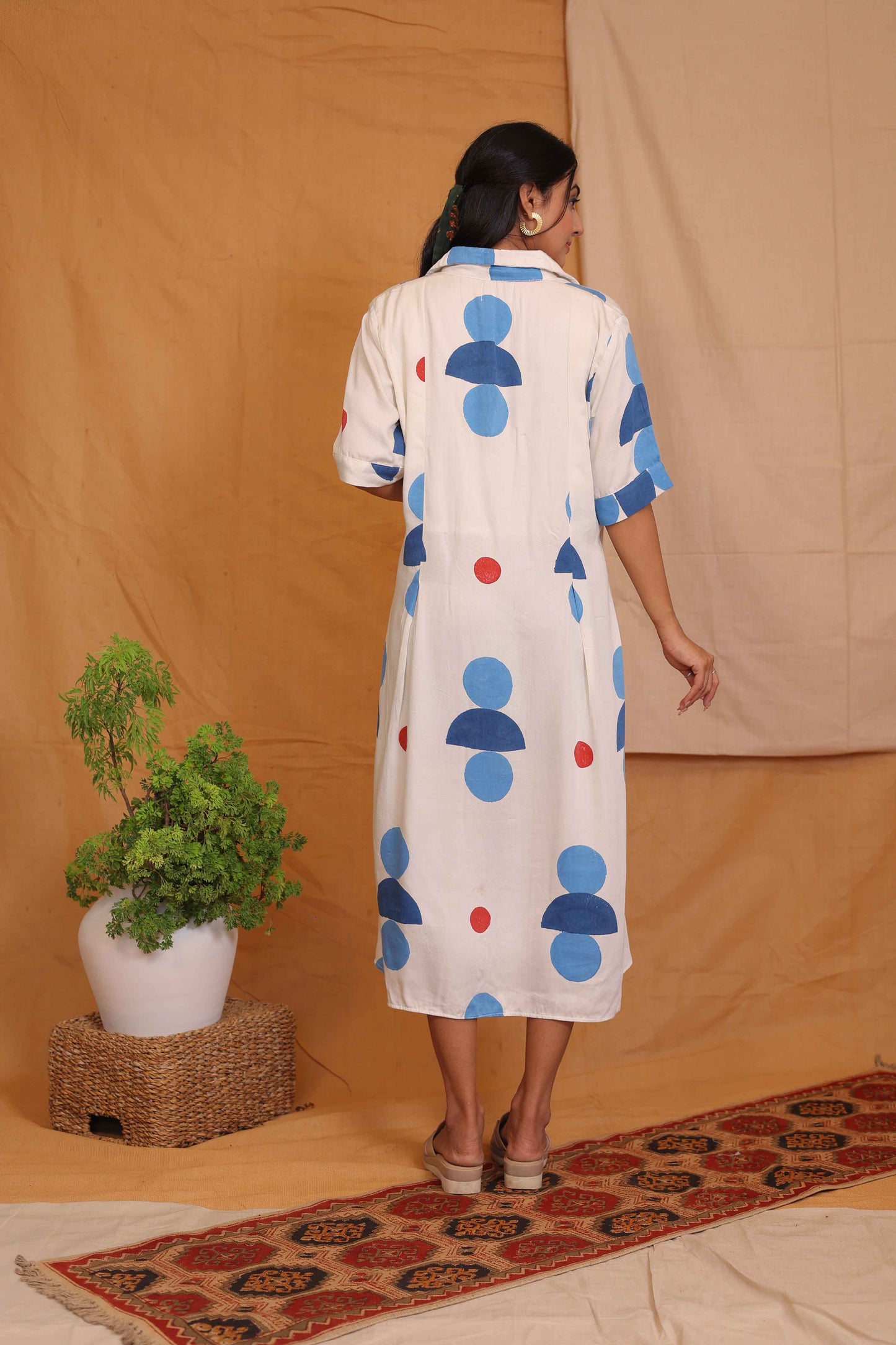 EMILY'S SIGNATURE HANDBLOCKPRINTED OFFWHITE BLUE COLLAR DRESS
