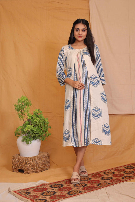 KAVYA'S OFFWHITE INDIGO HANDBLOCKPRINTED JACKET DRESS
