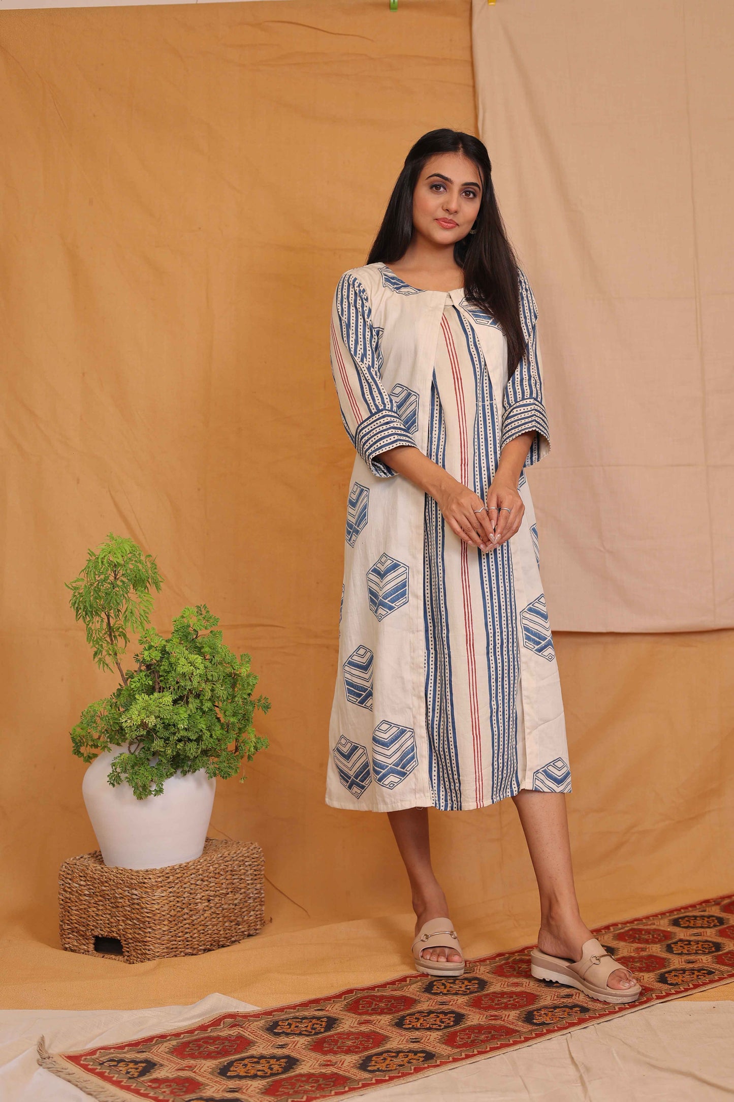 KAVYA'S OFFWHITE INDIGO HANDBLOCKPRINTED JACKET DRESS