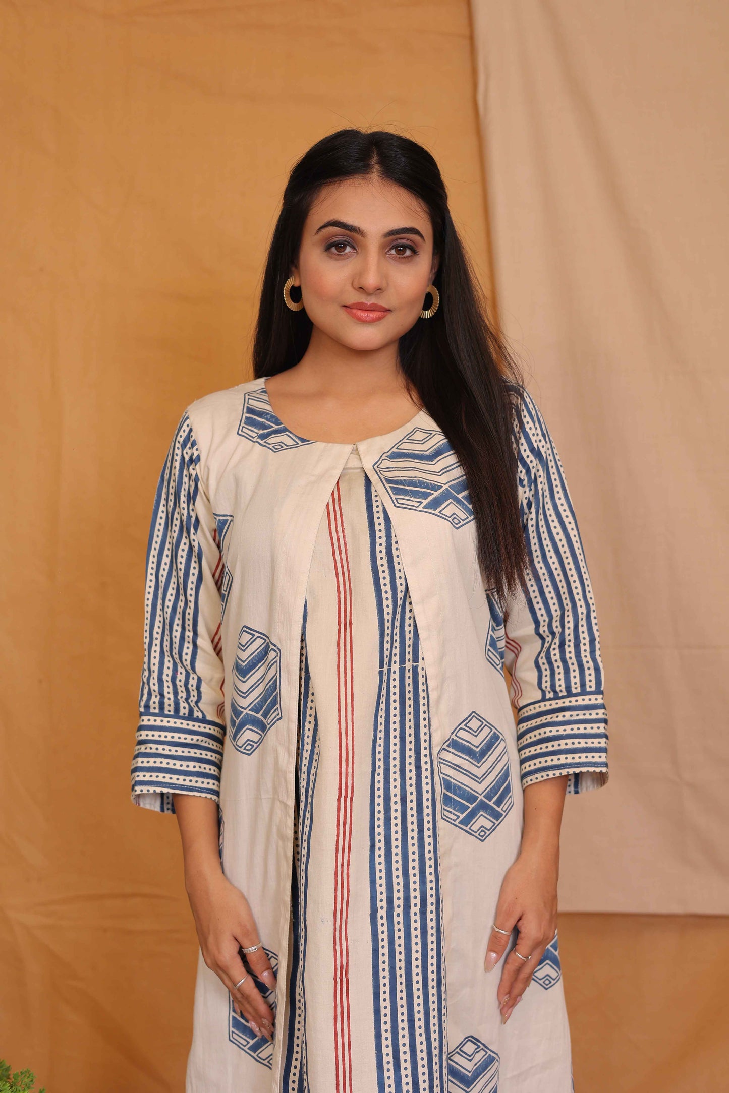 KAVYA'S OFFWHITE INDIGO HANDBLOCKPRINTED JACKET DRESS