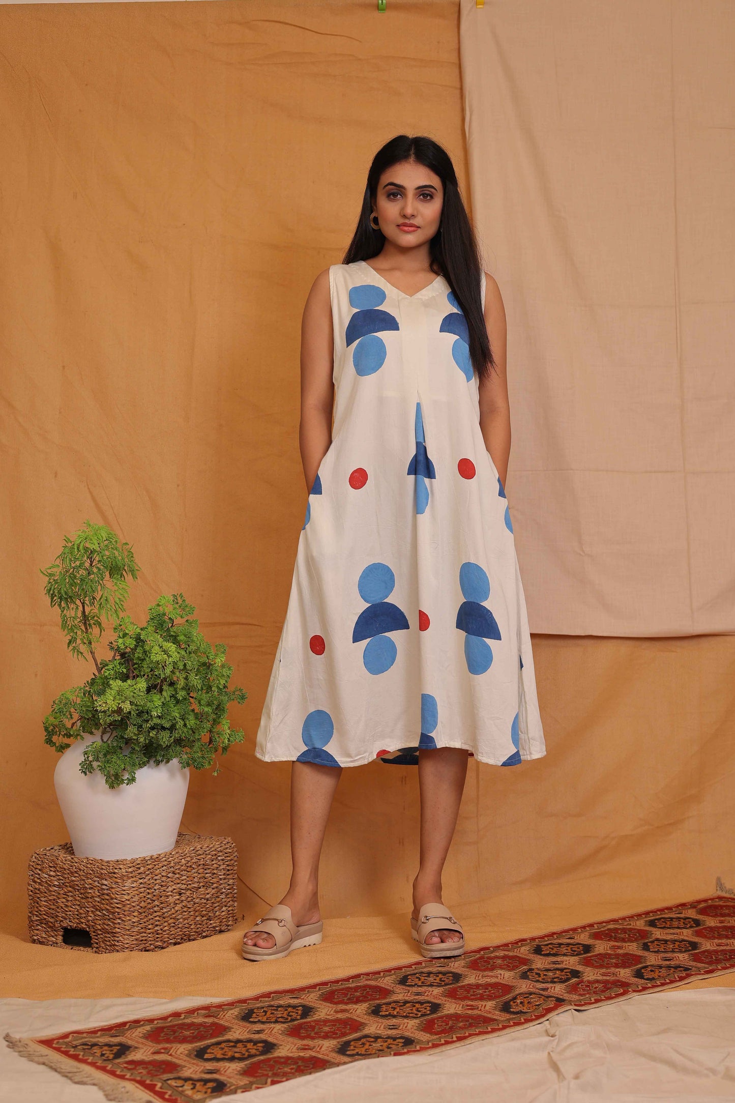 RHEA'S HANDBLOCKPRINTED SLEEVELESS DRESS