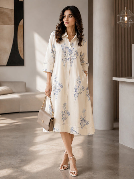 OFFWHITE HANDBLOCKPRINTED SHIRT DRESS
